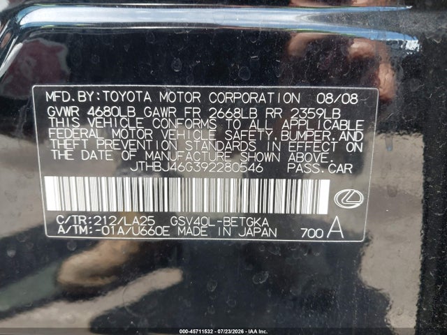 Продажа на аукционе авто 2009 Lexus Es 350, vin: JTHBJ46G392280546, номер лота: 45711532