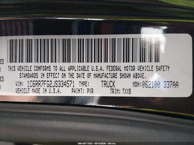 45711533 :رقم المزاد ، 1C6RR7FG2JS334571 vin ، 2018 Ram 1500 Express  4x4 6'4 Box مزاد بيع