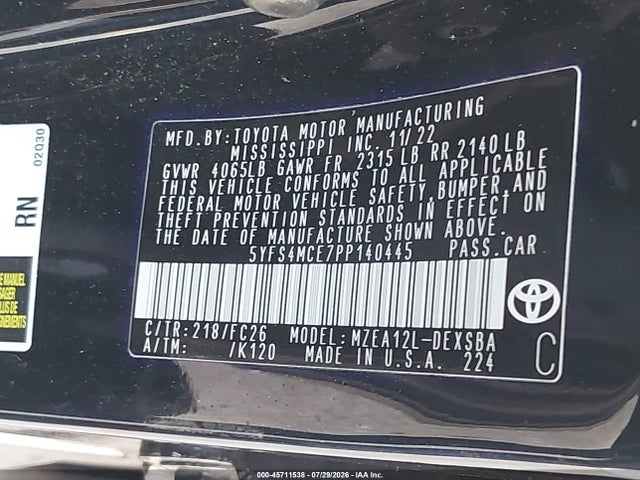 2023 Toyota Corolla Se მანქანა იყიდება აუქციონზე, vin: 5YFS4MCE7PP140445, აუქციონის ნომერი: 45711538