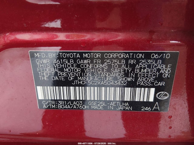 Aukcja sprzedaży 2010 Lexus Is 250, vin: JTHCF5C2XA5043432, numer aukcji: 45711556