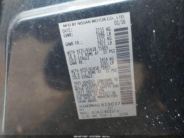 Aukcja sprzedaży 2016 Nissan Pathfinder Platinum/s/sl/sv, vin: 5N1AR2MN4GC619037, numer aukcji: 45711557
