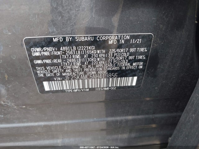 2022 Subaru Forester Wilderness მანქანა იყიდება აუქციონზე, vin: JF2SKAMC5NH419856, აუქციონის ნომერი: 45711567