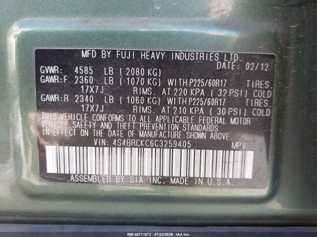 Aukcja sprzedaży 2012 Subaru Outback 2.5i Limited, vin: 4S4BRCKC6C3259405, numer aukcji: 45711573