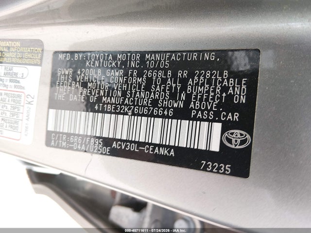 Продаж на аукціоні авто 2006 Toyota Camry Le, vin: 4T1BE32K76U676646, номер лоту: 45711611