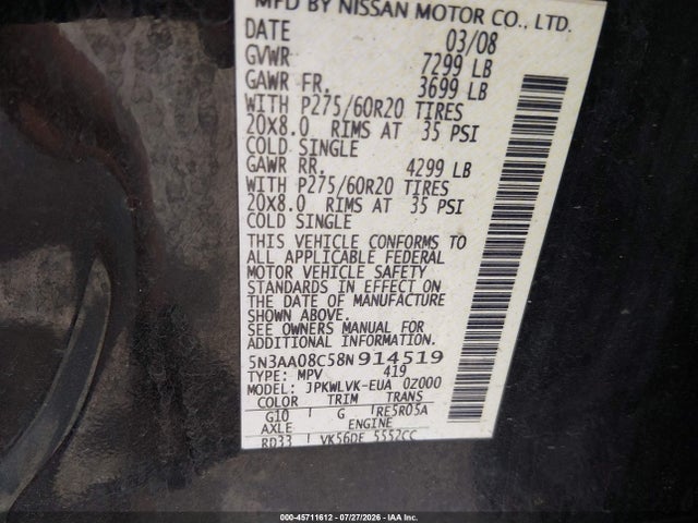 2008 Infiniti Qx56 მანქანა იყიდება აუქციონზე, vin: 5N3AA08C58N914519, აუქციონის ნომერი: 45711612