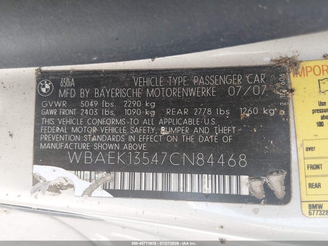 Aukcja sprzedaży 2007 Bmw 650i, vin: WBAEK13547CN84468, numer aukcji: 45711618