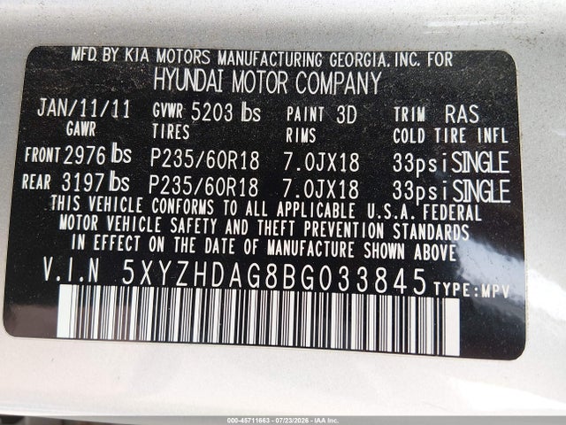 Продажа на аукционе авто 2011 Hyundai Santa Fe Se, vin: 5XYZHDAG8BG033845, номер лота: 45711663