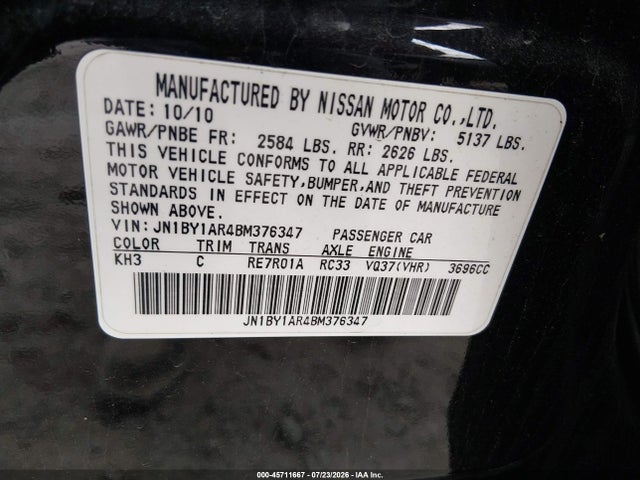 Aukcja sprzedaży 2011 Infiniti M37x, vin: JN1BY1AR4BM376347, numer aukcji: 45711667