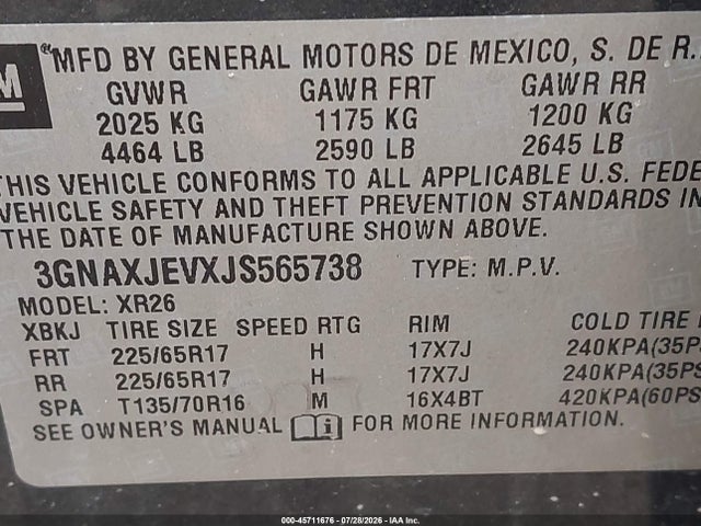 Продажа на аукционе авто 2018 Chevrolet Equinox Lt, vin: 3GNAXJEVXJS565738, номер лота: 45711676