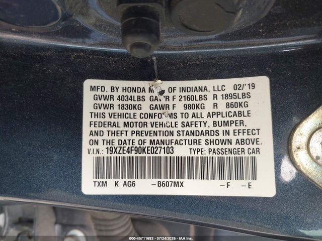 Aukcja sprzedaży 2019 Honda Insight Touring, vin: 19XZE4F90KE027103, numer aukcji: 45711692