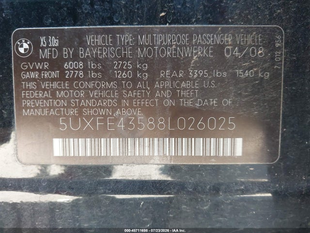 Aukcja sprzedaży 2008 Bmw X5 3.0si, vin: 5UXFE43588L026025, numer aukcji: 45711698