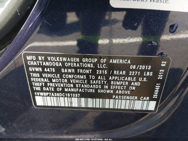 45711700 :رقم المزاد ، 1VWBP7A39DC151037 vin ، 2013 Volkswagen Passat 2.5l Se مزاد بيع