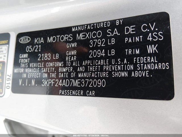 Продажа на аукционе авто 2021 Kia Forte Lxs, vin: 3KPF24AD7ME372090, номер лота: 45711705