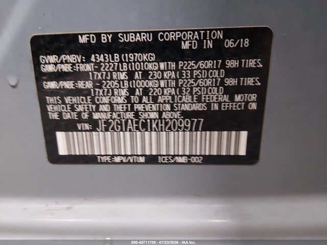 JF2GTAEC1KH209977 Subaru Crosstrek 2.0i Premium