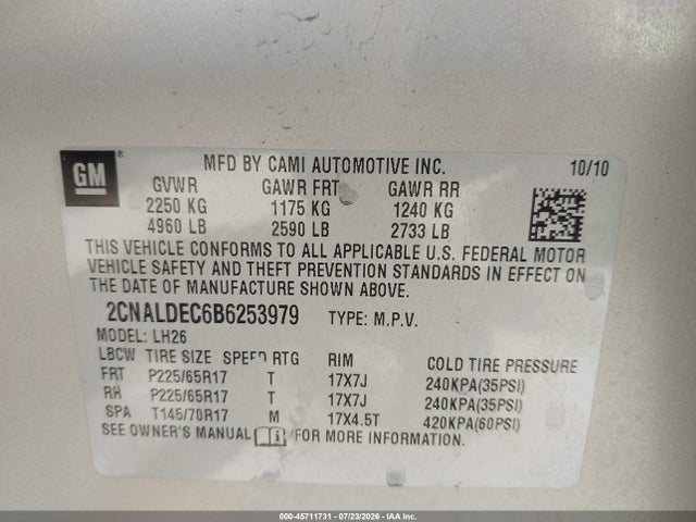45711731 :رقم المزاد ، 2CNALDEC6B6253979 vin ، 2011 Chevrolet Equinox Lt W/1lt مزاد بيع