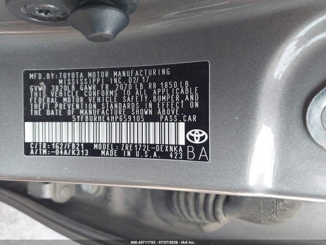 2017 Toyota Corolla Le მანქანა იყიდება აუქციონზე, vin: 5YFBURHE4HP659105, აუქციონის ნომერი: 45711753