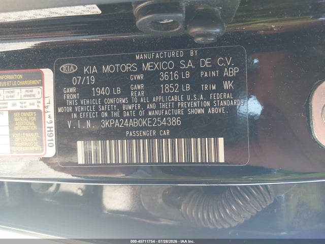 45711754 :رقم المزاد ، 3KPA24AB0KE254386 vin ، 2019 Kia Rio Lx مزاد بيع