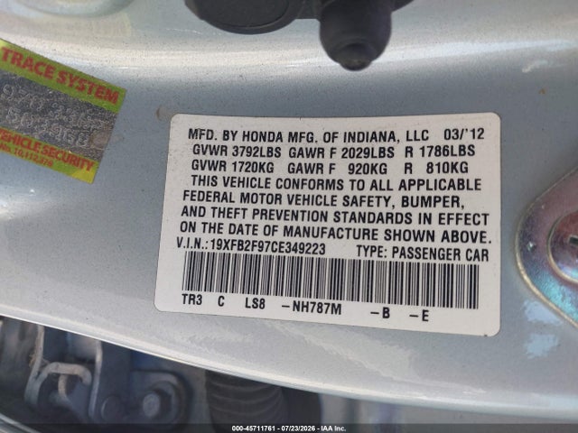 2012 Honda Civic Ex-l მანქანა იყიდება აუქციონზე, vin: 19XFB2F97CE349223, აუქციონის ნომერი: 45711761