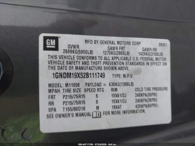 Продажа на аукционе авто 2002 Chevrolet Astro Passenger Ls, vin: 1GNDM19X52B111749, номер лота: 45711769