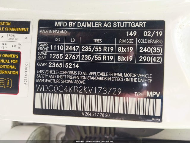 45711770 :رقم المزاد ، WDC0G4KB2KV173729 vin ، 2019 Mercedes-benz Glc 300 4matic مزاد بيع
