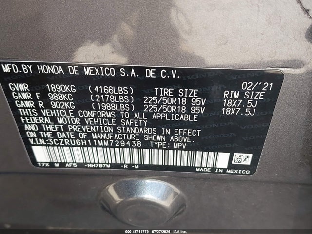 3CZRU6H11MM729438 Honda Hr-v Awd Sport