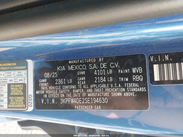 45711783 :رقم المزاد ، 3KPFW4DE2SE194630 vin ، 2025 Kia K4 Gt-line مزاد بيع