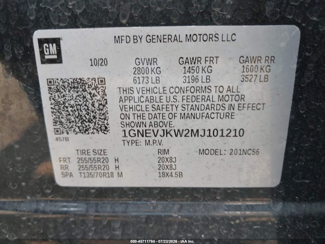1GNEVJKW2MJ101210 Chevrolet Traverse Awd Rs