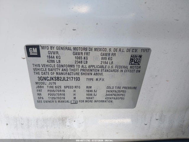 45711792 :رقم المزاد ، 3GNCJKSB2JL217193 vin ، 2018 Chevrolet Trax Ls مزاد بيع