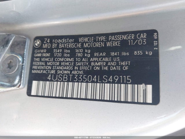 45711799 :رقم المزاد ، 4USBT33504LS49115 vin ، 2004 Bmw Z4 2.5i مزاد بيع