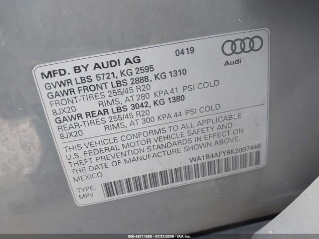 Aukcja sprzedaży 2019 Audi Sq5 3.0t Premium, vin: WA1B4AFY8K2097448, numer aukcji: 45711800