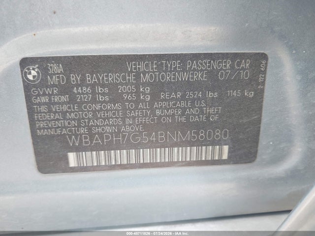 45711826 :رقم المزاد ، WBAPH7G54BNM58080 vin ، 2011 Bmw 328i مزاد بيع