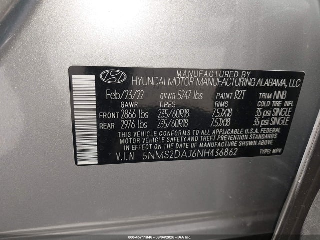 2022 Hyundai Santa Fe Sel მანქანა იყიდება აუქციონზე, vin: 5NMS2DAJ6NH436862, აუქციონის ნომერი: 45711846