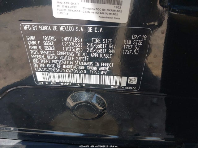 Aukcja sprzedaży 2019 Honda Hr-v Ex-l, vin: 3CZRU5H72KM709520, numer aukcji: 45711856