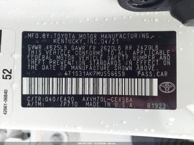 Aukcja sprzedaży 2021 Toyota Camry Se Hybrid, vin: 4T1S31AK7MU556659, numer aukcji: 45711857