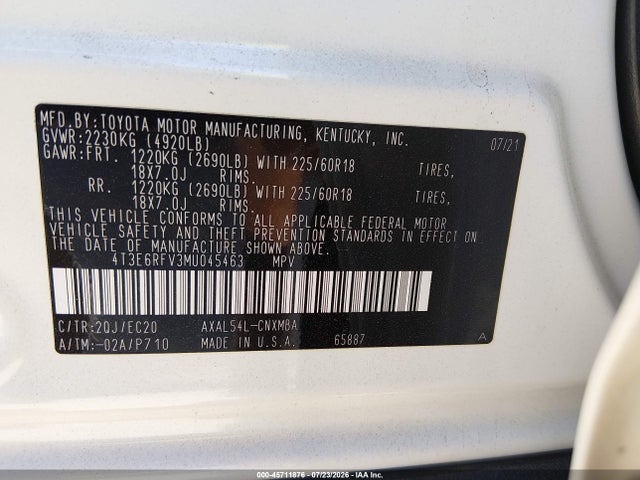 4T3E6RFV3MU045463 Toyota Rav4 Hybrid Xse