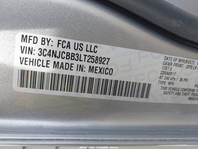 Продаж на аукціоні авто 2020 Jeep Compass Sun And Safety Fwd, vin: 3C4NJCBB3LT258927, номер лоту: 45711882
