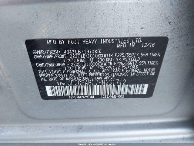 45711904 :رقم المزاد ، JF2GPABC7HH231712 vin ، 2017 Subaru Crosstrek 2.0i Premium مزاد بيع