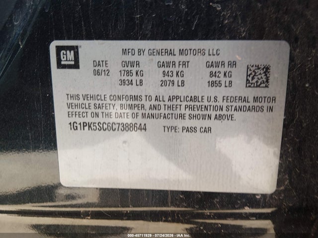 Продаж на аукціоні авто 2012 Chevrolet Cruze Eco, vin: 1G1PK5SC6C7388644, номер лоту: 45711929