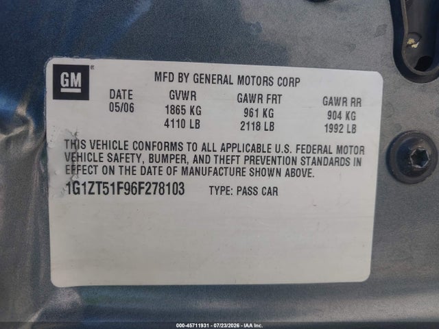 Продаж на аукціоні авто 2006 Chevrolet Malibu Lt, vin: 1G1ZT51F96F278103, номер лоту: 45711931