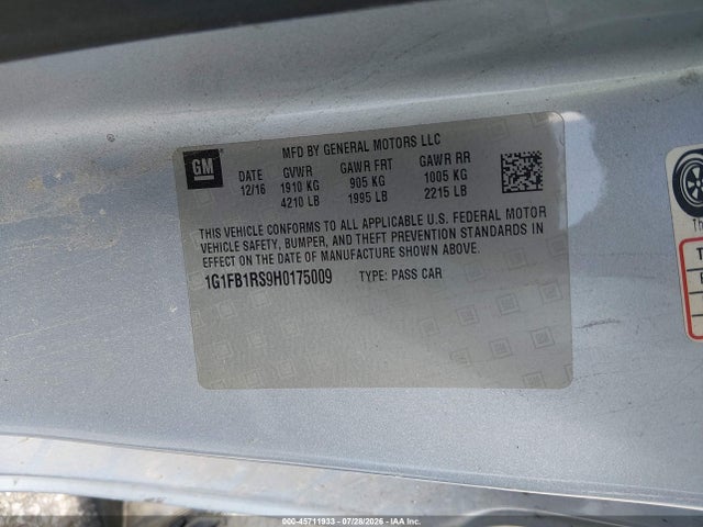Продажа на аукционе авто 2017 Chevrolet Camaro 1lt, vin: 1G1FB1RS9H0175009, номер лота: 45711933