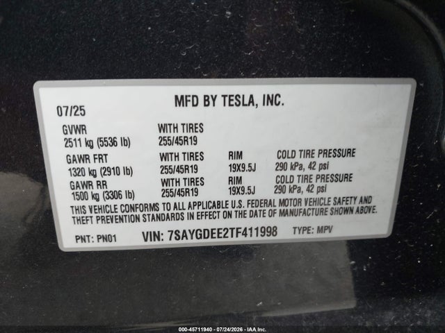 7SAYGDEE2TF411998 Tesla Model Y All-wheel Drive/long Range Launch Series/premium All-wheel Drive