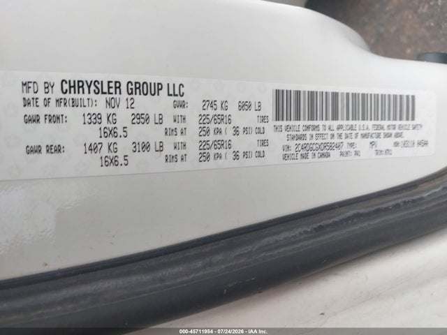 45711954 :رقم المزاد ، 2C4RDGCGXDR582407 vin ، 2013 Dodge Grand Caravan Sxt مزاد بيع