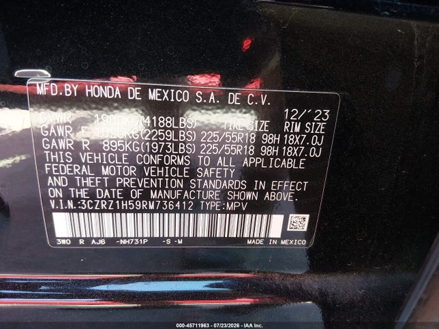 3CZRZ1H59RM736412 Honda Hr-v 2wd Sport/2wd Sport W/o Bsi