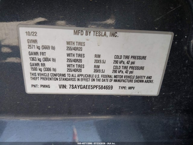 Продажа на аукционе авто 2023 Tesla Model Y Awd/long Range Dual Motor All-wheel Drive, vin: 7SAYGAEE5PF584659, номер лота: 45711996