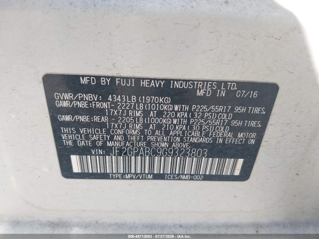 JF2GPABC9G9323803 Subaru Crosstrek 2.0i Premium