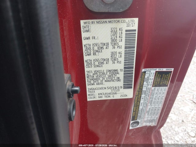 Продажа на аукционе авто 2018 Nissan Titan S, vin: 1N6AA1CK8JN505659, номер лота: 45712025