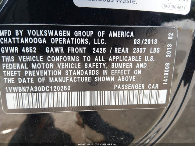 2013 Volkswagen Passat 2.0l Tdi Se მანქანა იყიდება აუქციონზე, vin: 1VWBN7A30DC120250, აუქციონის ნომერი: 45712027