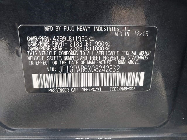 45712026 :رقم المزاد ، JF1GPAB6XG8242832 vin ، 2016 Subaru Impreza 2.0i Premium مزاد بيع