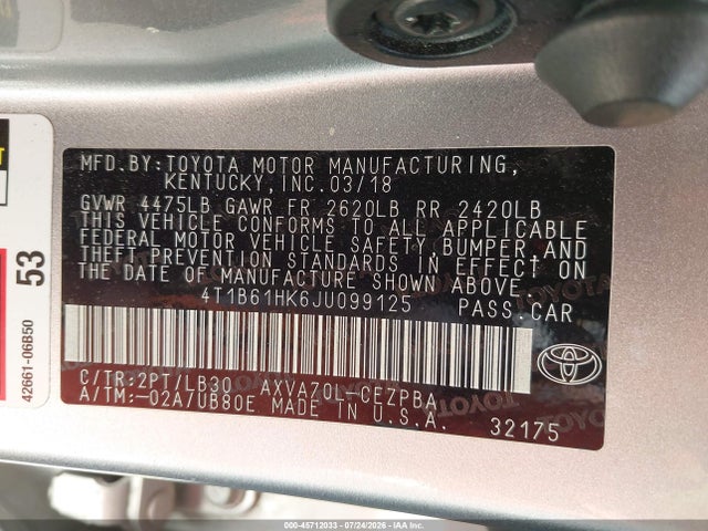 4T1B61HK6JU099125 Toyota CAMRY XSE