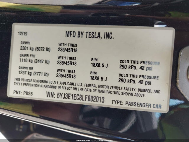 Aukcja sprzedaży 2020 Tesla Model 3 Performance Dual Motor All-wheel Drive, vin: 5YJ3E1EC8LF602013, numer aukcji: 45712041